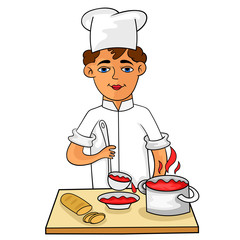 Happy young cook pours hot soup in a bowl.