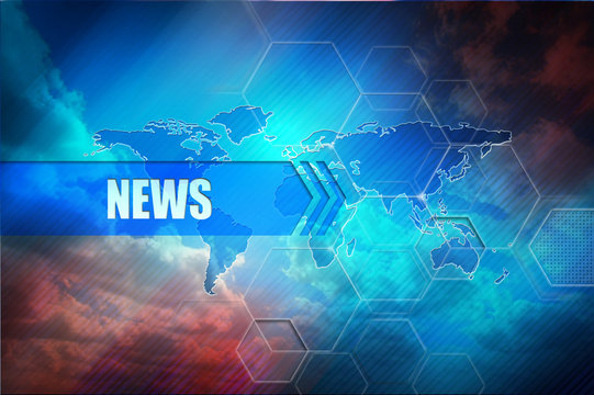 News title, abstract colorful background, global map and text header "News".