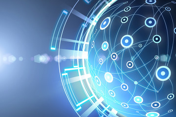 Global network connection system on an abstract blue background