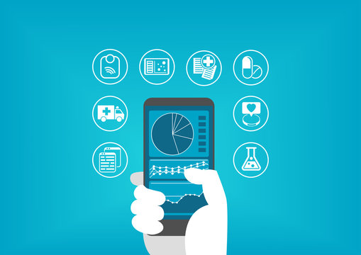 Electronic healthcare concept with hand holding smart phone to access digital medical records of patients