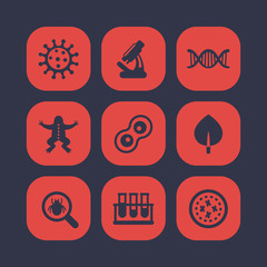 Biology icons set, cell, microscope, test-tubes, virus, microbe, microorganism