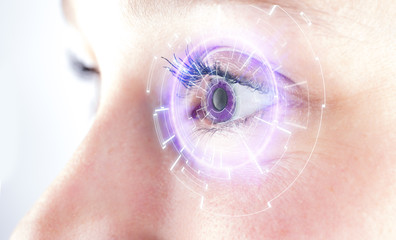 Eye of a woman with digital interface in front of it