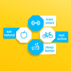 fitness tags with line icons, principles of training, blue and white on yellow, vector illustration