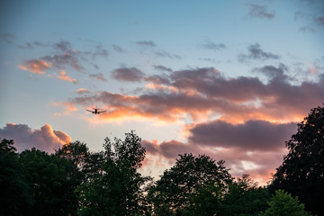 Plane landing over a park during sunset