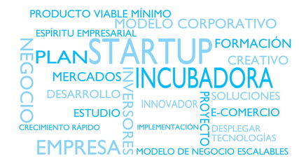 Obraz premium Startup, incubator word tag cloud - white, Spanish variant, 3D rendering