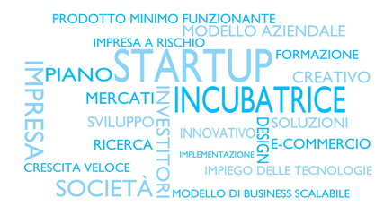 Startup, incubator word tag cloud - white, Italian variant, 3D rendering