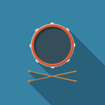 Flat design vector drum and drum sticks icon with long shadow