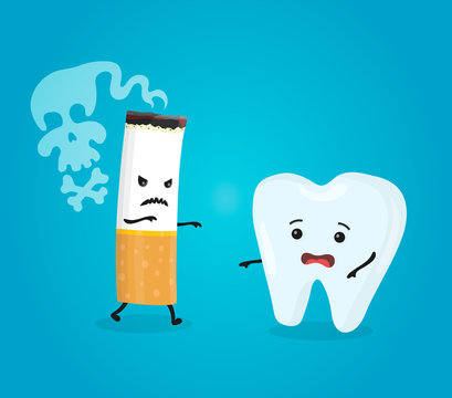 Tooth and cigarette characters. Decayed healthy tooth problem with smoke. Vector flat cartoon character isolated illustration