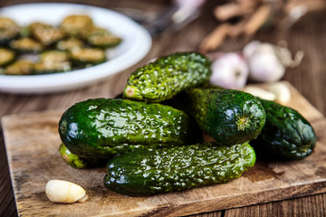 Slices of pickled cucumbers with sesame seeds