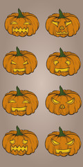 Set of Halloween hand drawn vintage pumpkins.Collection of face on pumpkins for Halloween. greeting card with cartoon pumpkin. Decorations doodle vector