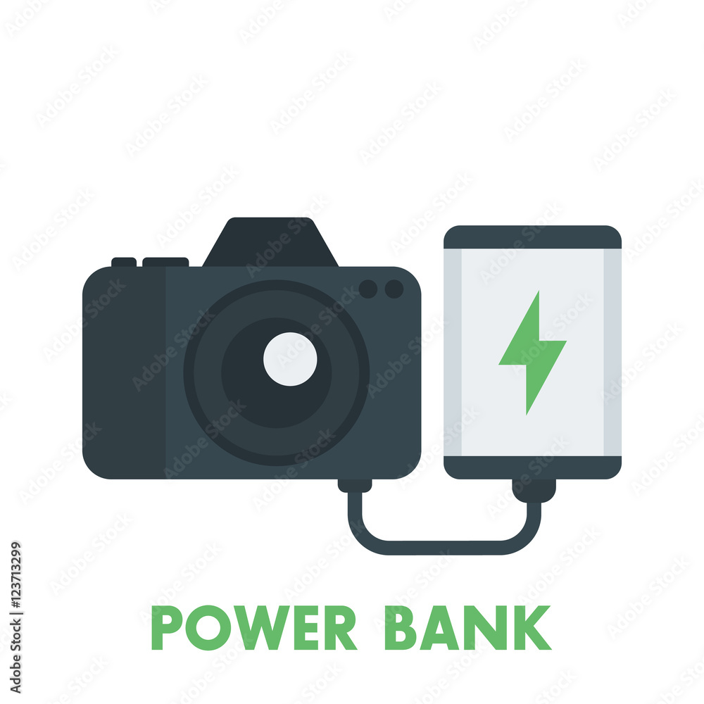 Wall mural power bank charging camera, portable charger isolated on white