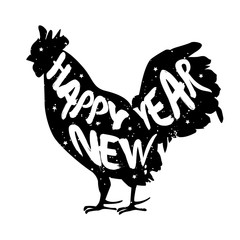 Happy New Year vector illustration with silhouette of rooster.  Lettering style. Vector background.