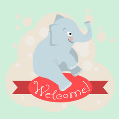Card with the inscription on the tape Welcome and animals elephant 