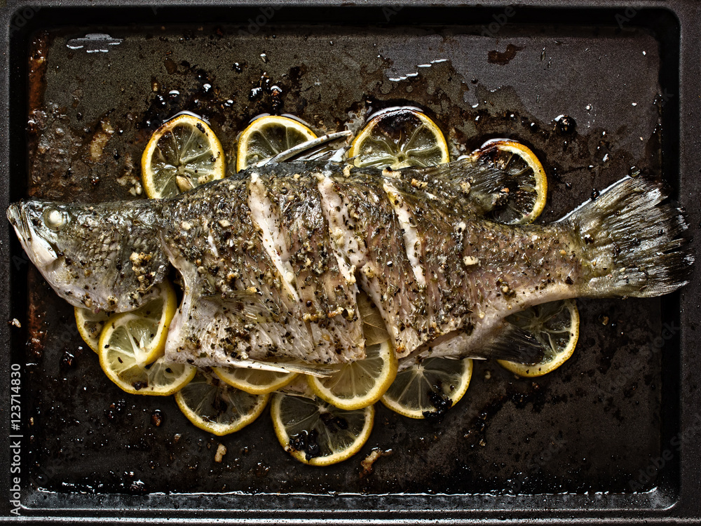 Poster rustic baked fish