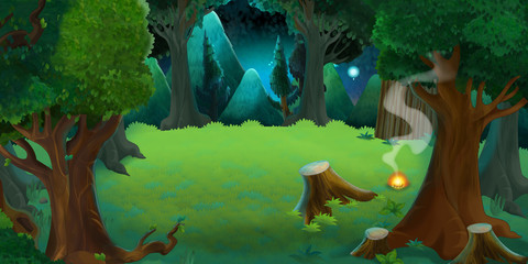 Cartoon colorful scene of forest by night - illustration for children