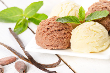 Cocoa and vanilla ice cream scoop