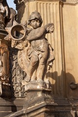 Detail of baroque Column in Olomouc. Classical Baroque artwork. Detail of sculptures.
