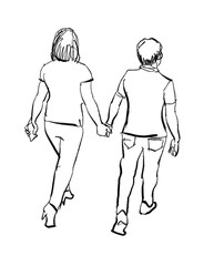 women walking ink sketch isolated