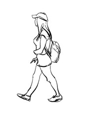 girl walking ink sketch isolated