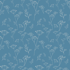 Dill or fennel flowers and leaves pattern on blue background. - obrazy, fototapety, plakaty