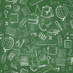 School repeated pattern on green chalkboard background, vector illustration.