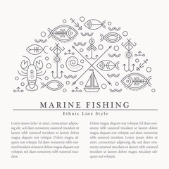 Vector illustration with outlined nautical and fishing signs forming a half-circle