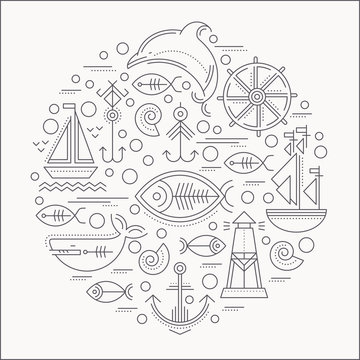 Vector illustration with outlined nautical icons forming a circle