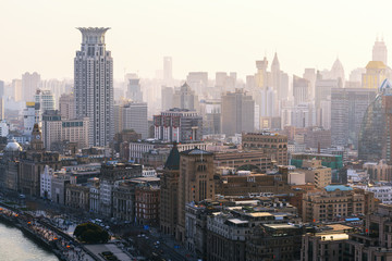 Aerial view over the Bund, Shanghai, China - obrazy, fototapety, plakaty