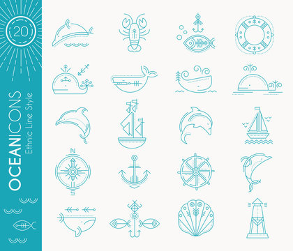 Nautical icon set, minimalistic flat design with thin strokes