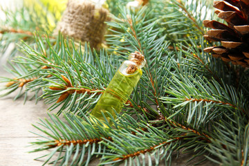 Bottle of coniferous essential oil and branches on wooden background, close up view