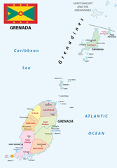 grenada administrative map with flag - obrazy, fototapety, plakaty