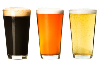 Three foamy pints stout ale pilsner lager beer isolated on white background for use alone or as a design element - Powered by Adobe