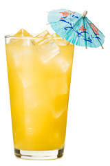 Orange Juice screwdriver vodka cocktail in pint glass on rocks with paper umbrella isolated on white background