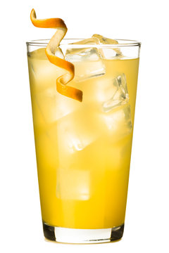 Tall Double Orange Juice Screwdriver Alcoholic Cocktail With Orange Peel Twist Isolated On White Background