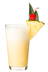 Blended Piña Colada cocktail smoothy isolated on white background for use alone or as a design element