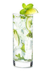Traditional Cuban Mojito rum cocktail in tall highball glass with lime and mint garnish isolated on white background