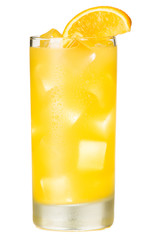 Tall highball orange juice screwdriver cocktail with orange garnish isolated on white background for use alone or as a design element