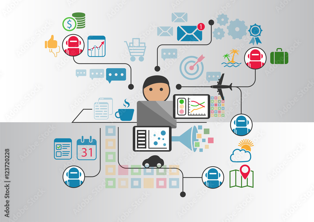Poster person in front of notebook who communicates with multiple chatbot services by sending messages acro