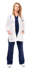 Fototapeta premium Female Nurse Doctor with hands in pockets isolated on white background