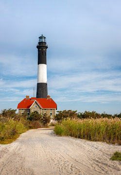 Fire Island lighthouse and house of lighthouse keeper, New York State (Long Island)