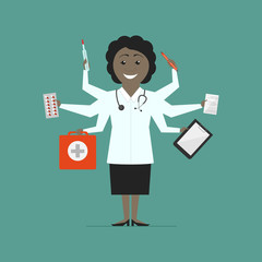 Woman multi-doctor. Multitasking. Flat design vector