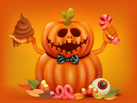 Happy Halloween concept card with double pumpkin character