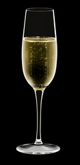 Sparkling champagne flute glass isolated on black background