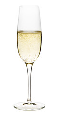 Flute glass of sparkling champagne wine isolated on white background