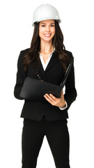 Businesswoman with notebook and hardhat isolated on white background