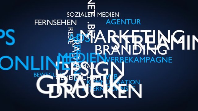 Marketing, branding word tag cloud - blue, German variant, 3D rendering, UHD