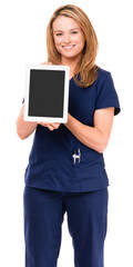 Woman Doctor Nurse with Digital Tablet isolated on white background