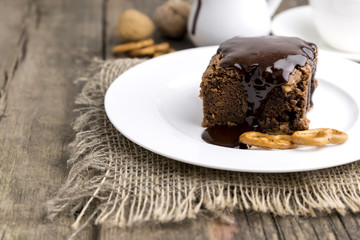 Brownie on white plate.Copy space.