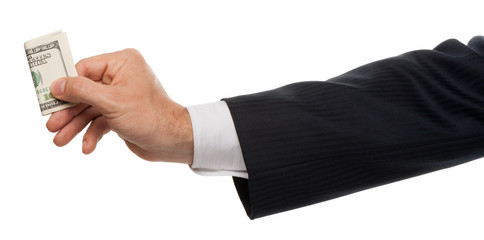 Businessman Hand with One Hundred Dollar Bills isolated on white background