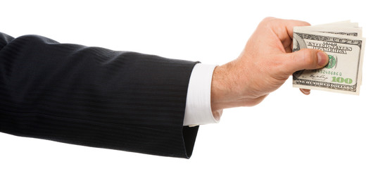 Businessman Hand with One Hundred Dollar Bills isolated on white background